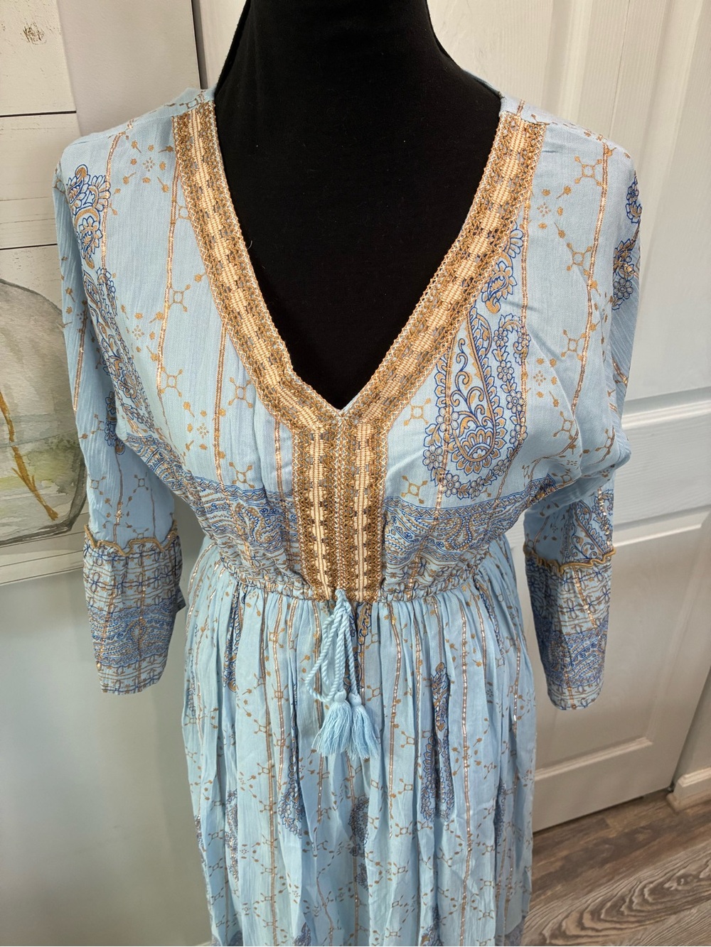 Light Blue Paisley Boho Maxi Dress with Tassel Tie - Picture 6 of 8